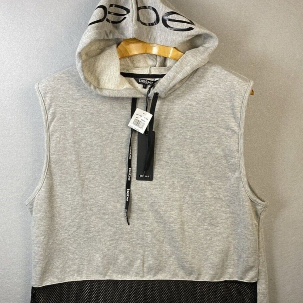 Bebe Sport Hoodie Women's Large Grey Sleeveless‎ Pullover Drawstring Cotton NWT